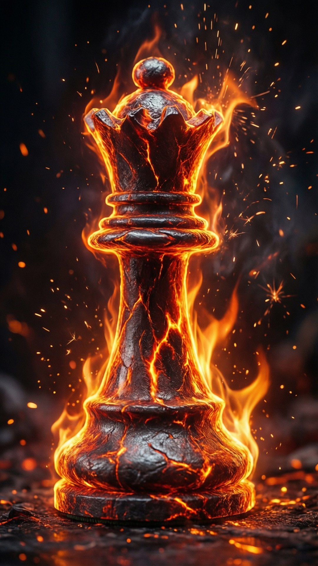 Wallpaper berapi dari ratu catur yang terbuat dari bara dan api.