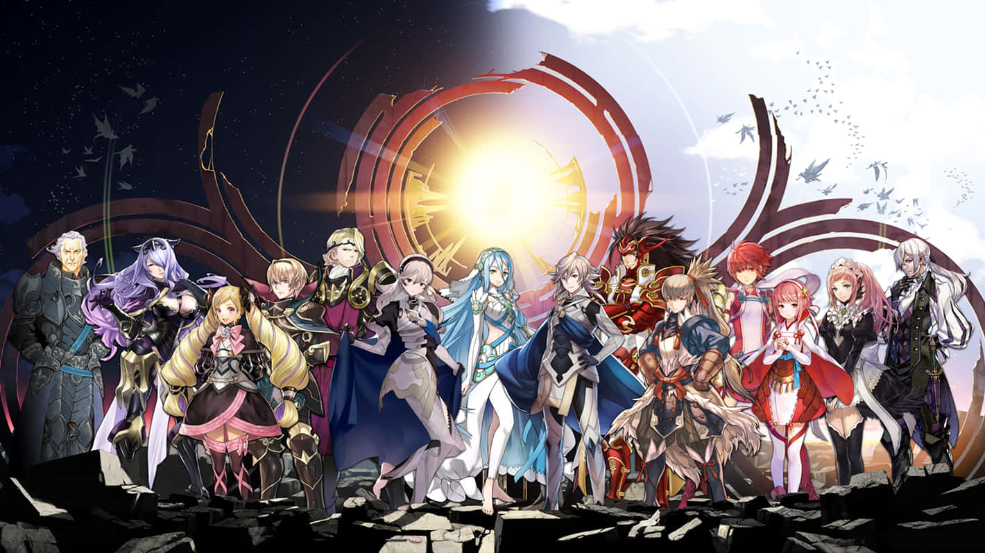 A Group Of Anime Characters Standing In Front Of A Sun Wallpaper