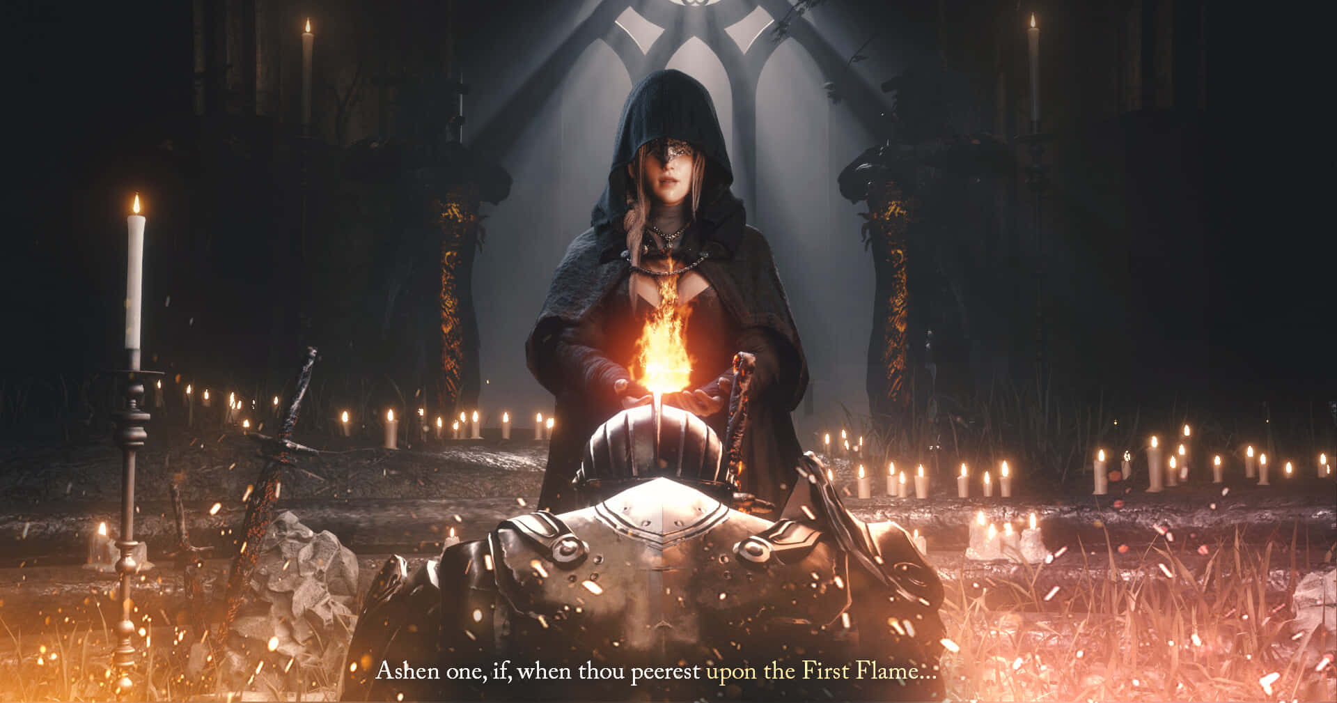 Enigmatic Fire Keeper standing in the dark with glowing eyes Wallpaper