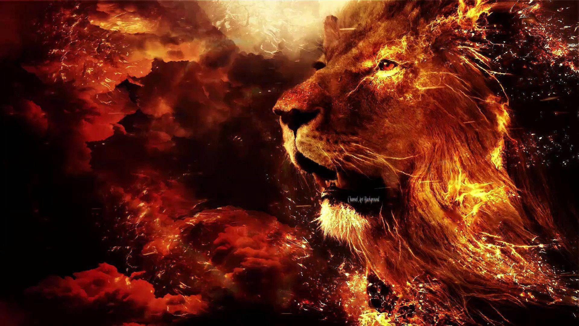 Fire Lion In Red Black Clouds Wallpaper