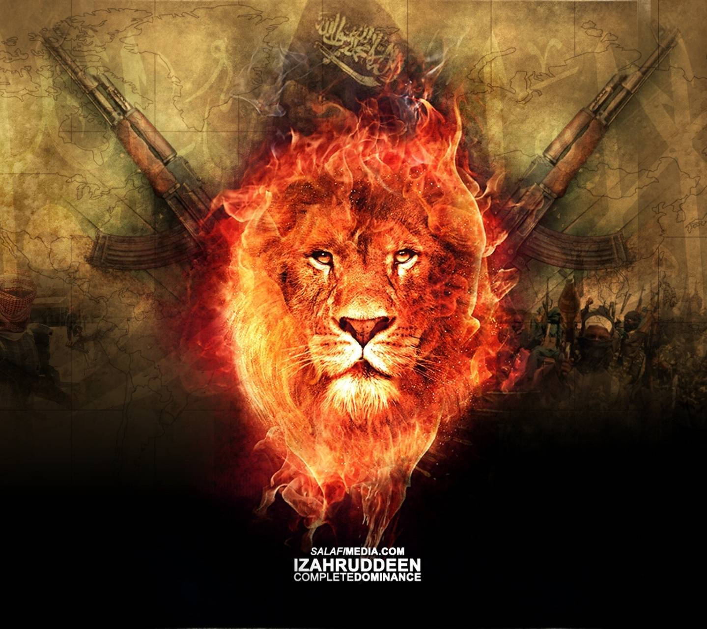 Fire Lion With Guns War Backdrop Wallpaper
