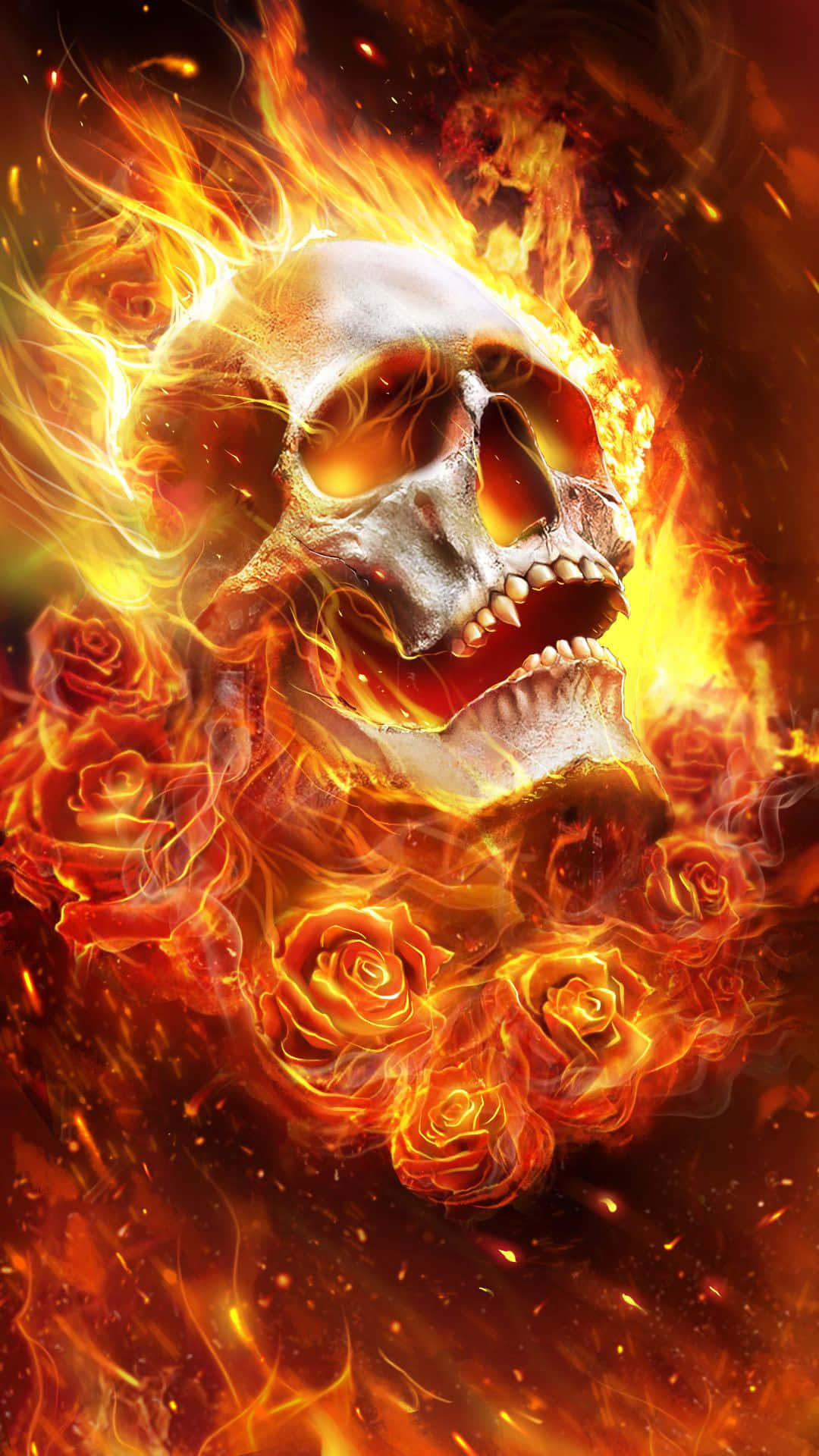A Skull With Roses In Fire Wallpaper
