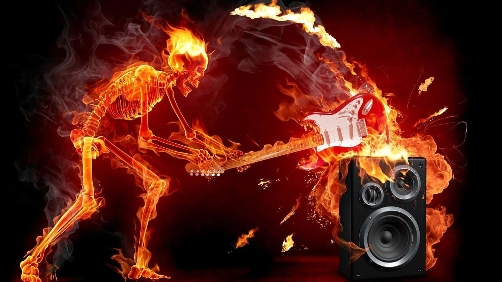 A Skeleton Playing An Electric Guitar In The Fire Wallpaper