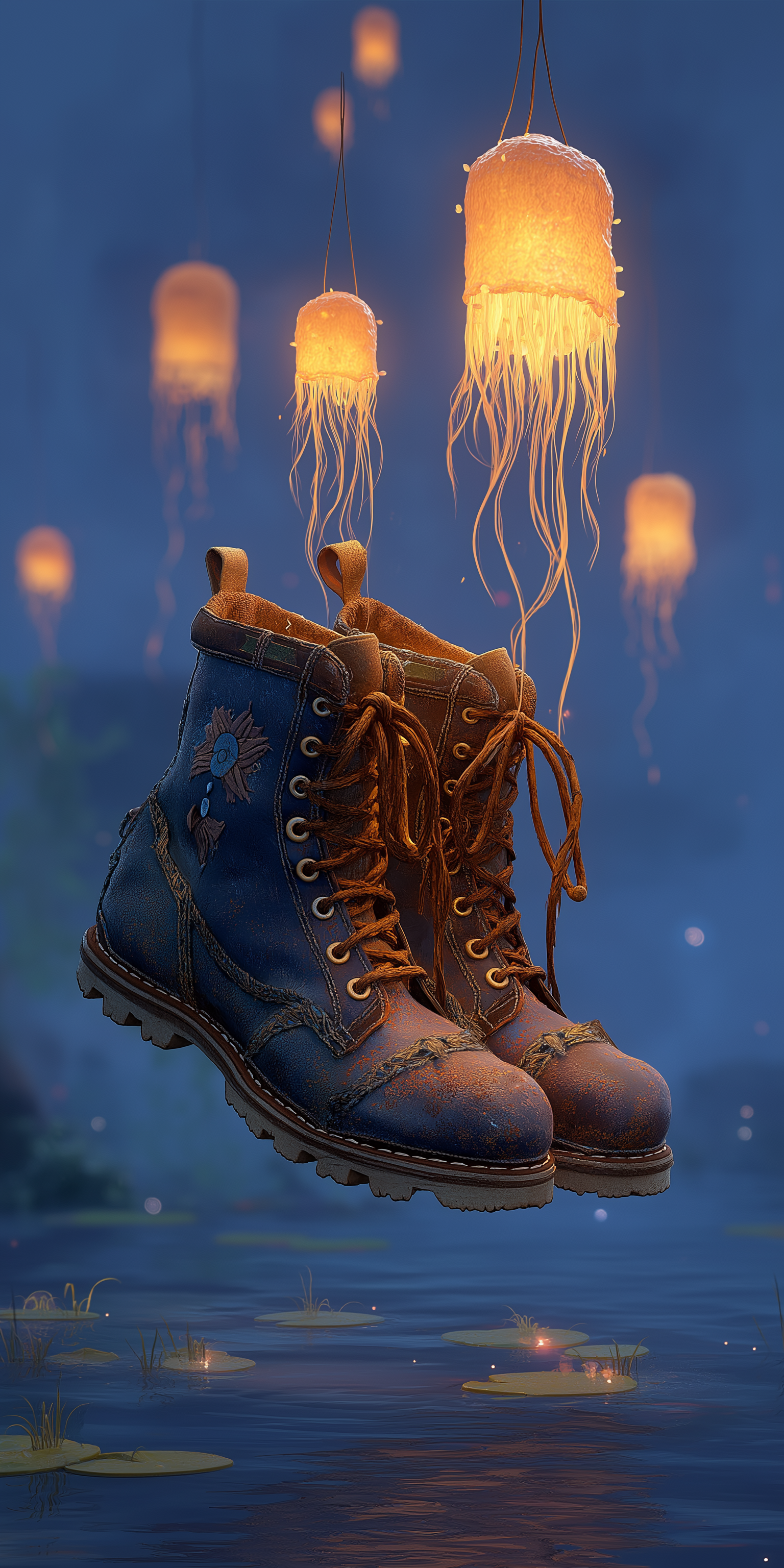 Fire-Soled Levitation Boots PNG — A pair of worn blue work boots floats above water with glowing jellyfish lanterns hanging above them.