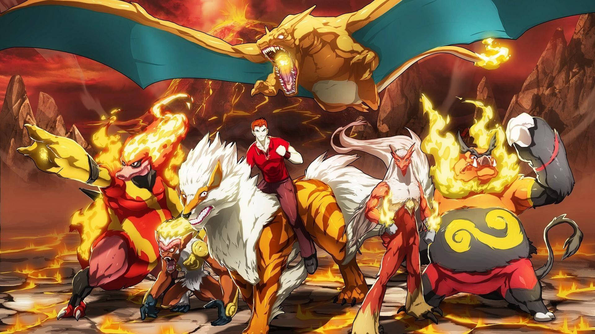 Fire Type Pokemon Trainer Team Wallpaper