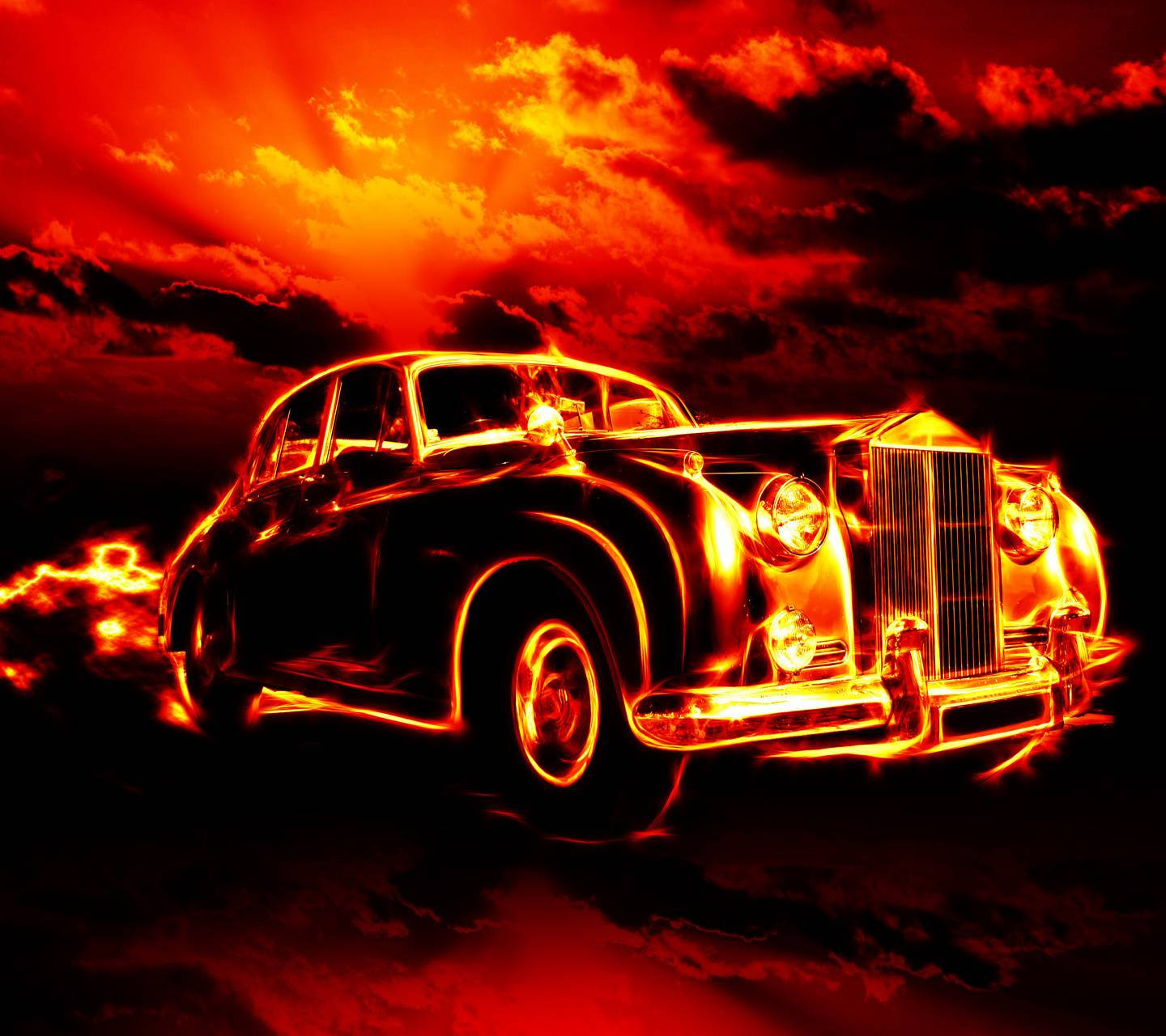 Incendio Auto Volkswagen Sotto Il Cielo Rosso Sfondo