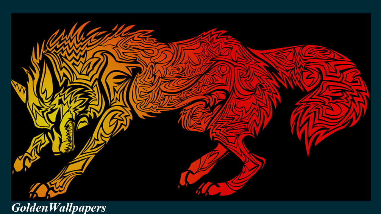Illuminated by an enchanting flame, a powerful wolf stands with its back to the viewer Wallpaper
