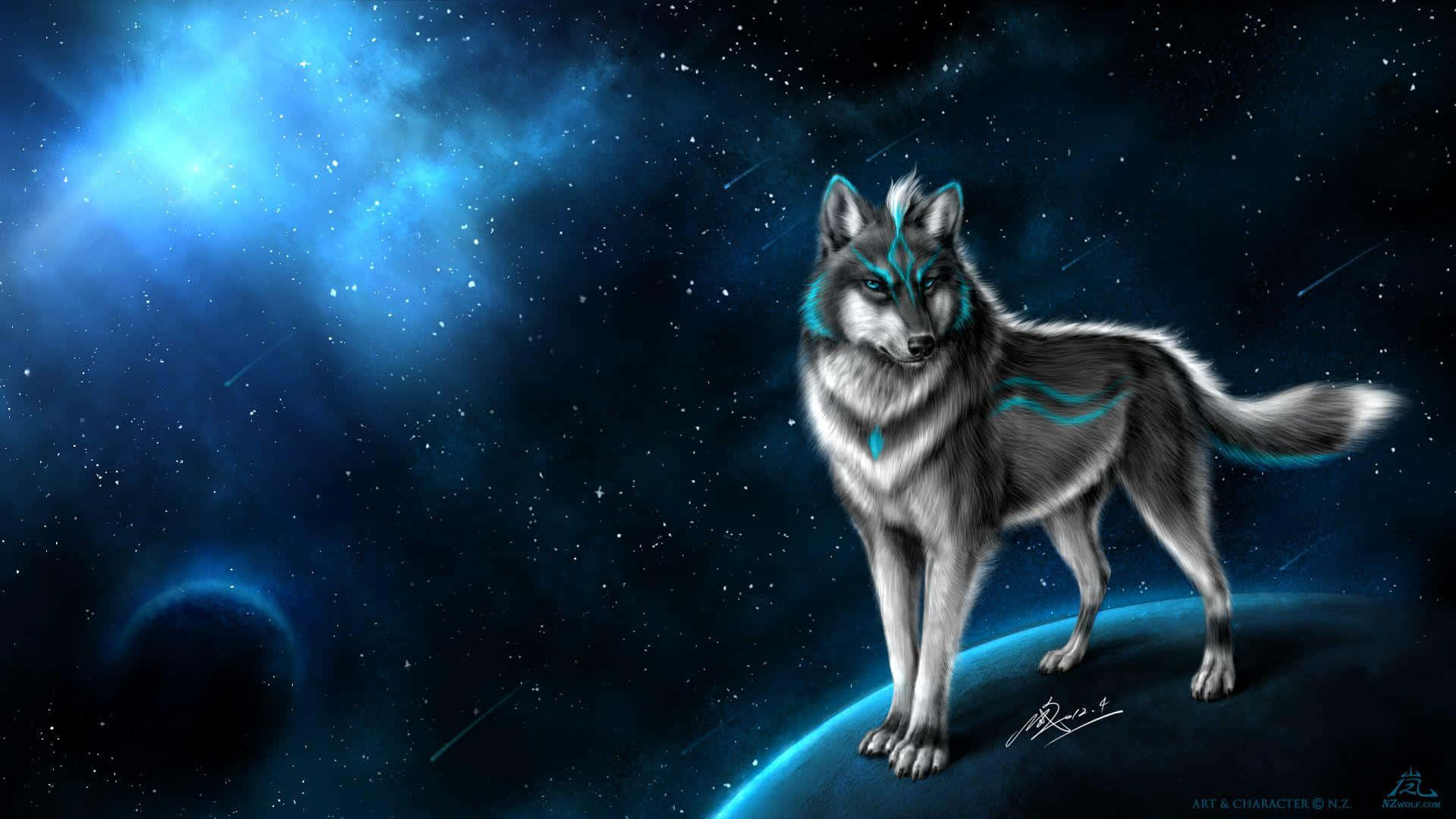 A wild Fire Wolf howls in the night sky. Wallpaper