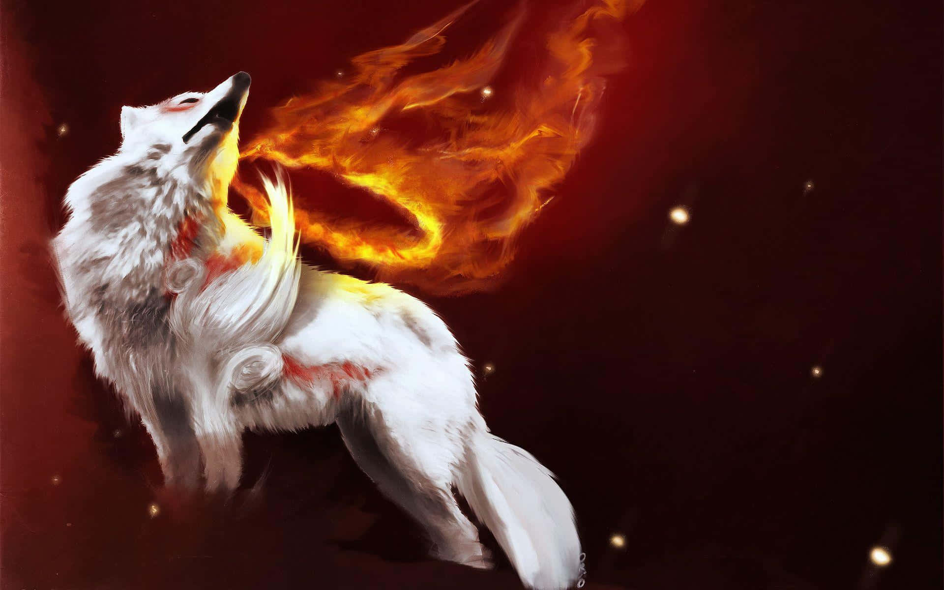 A White Wolf With Flames In Its Mouth Wallpaper