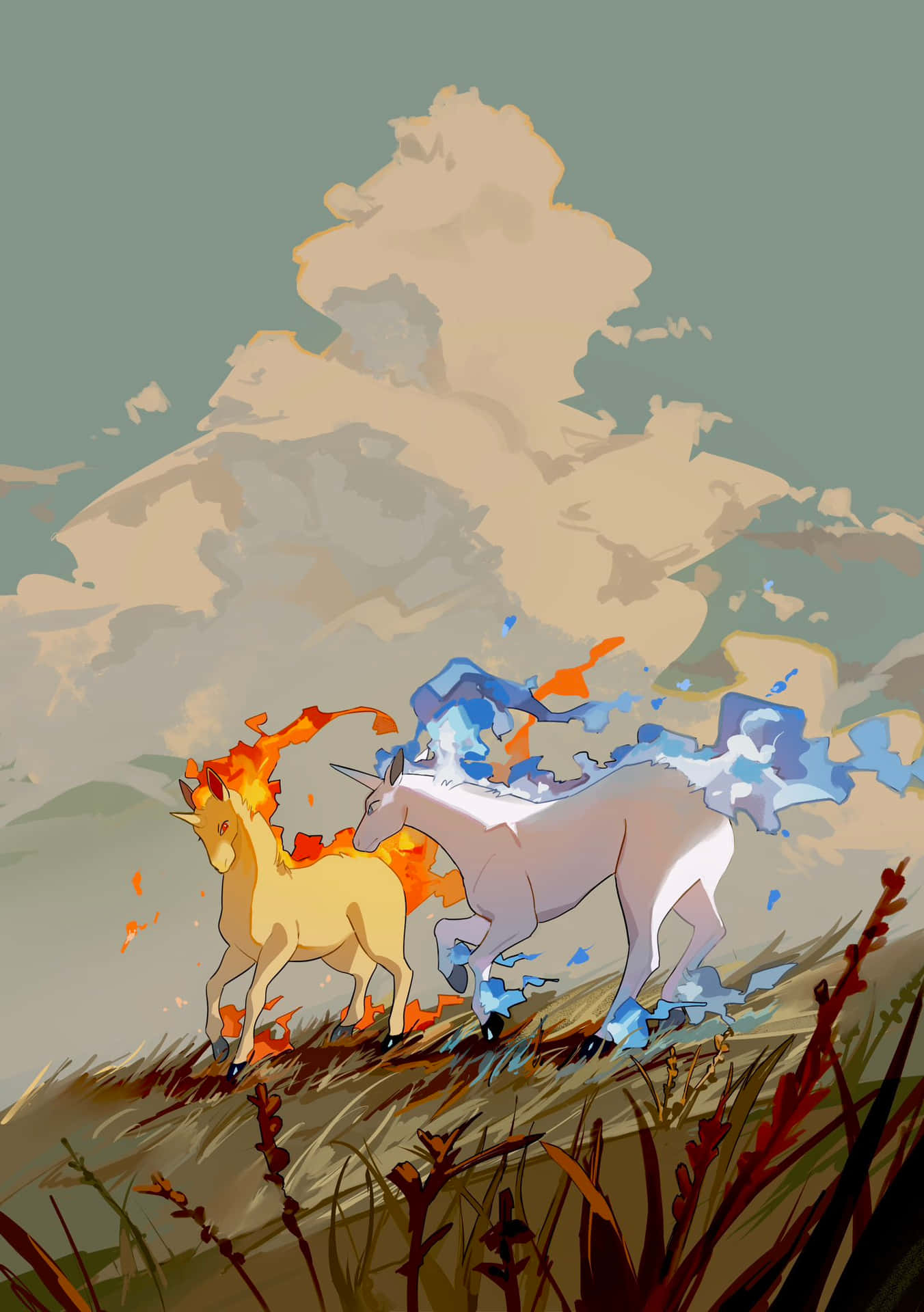 Vuur En Ijs Ponyta En Rapidash Kunstwerk Achtergrond