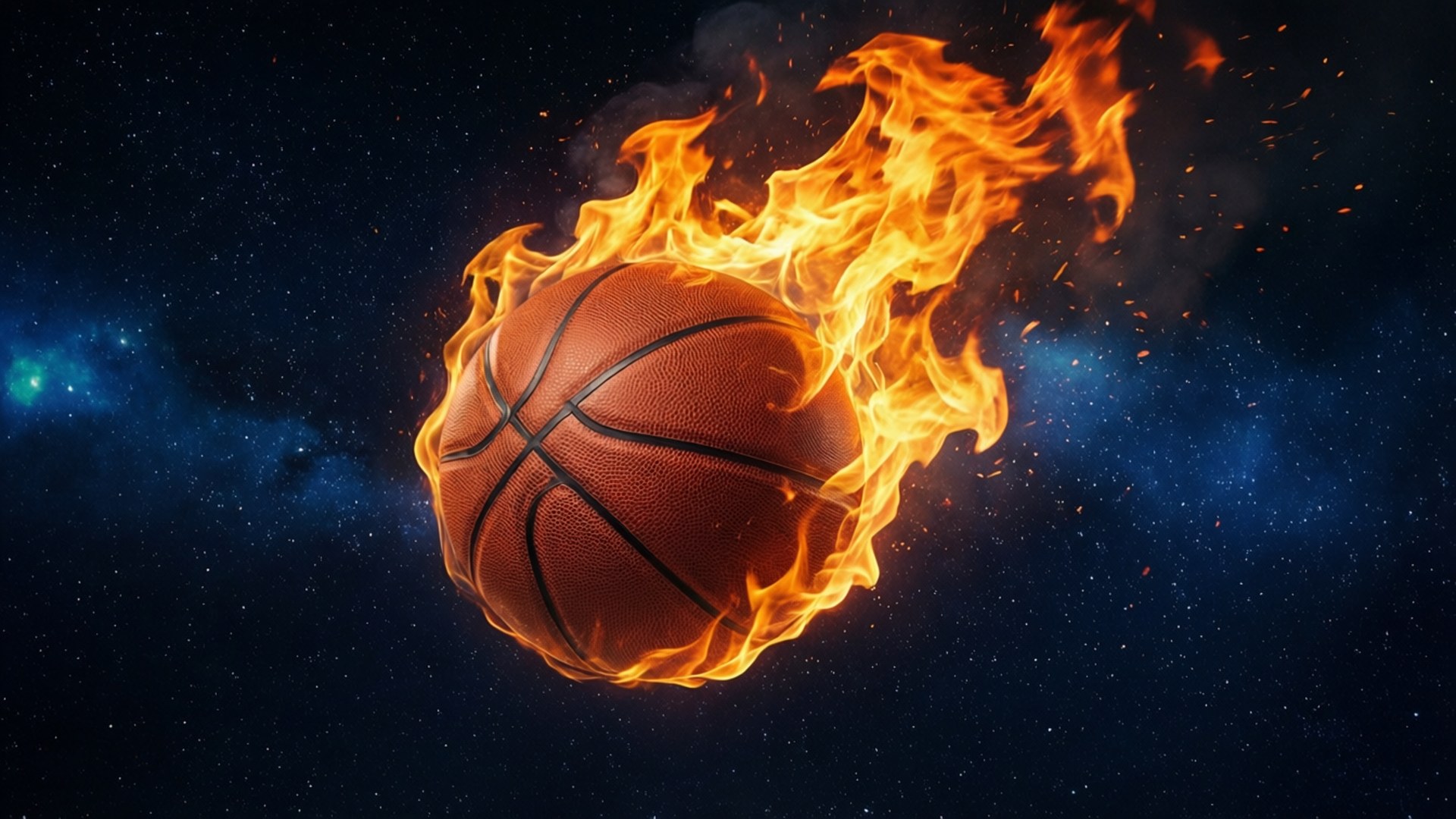 Un pallone da basket in fiamme sotto un cielo stellato.
