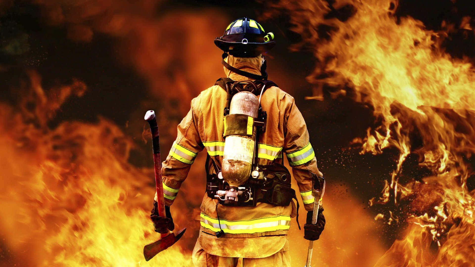 A Firefighter stands in front of a blazing fire