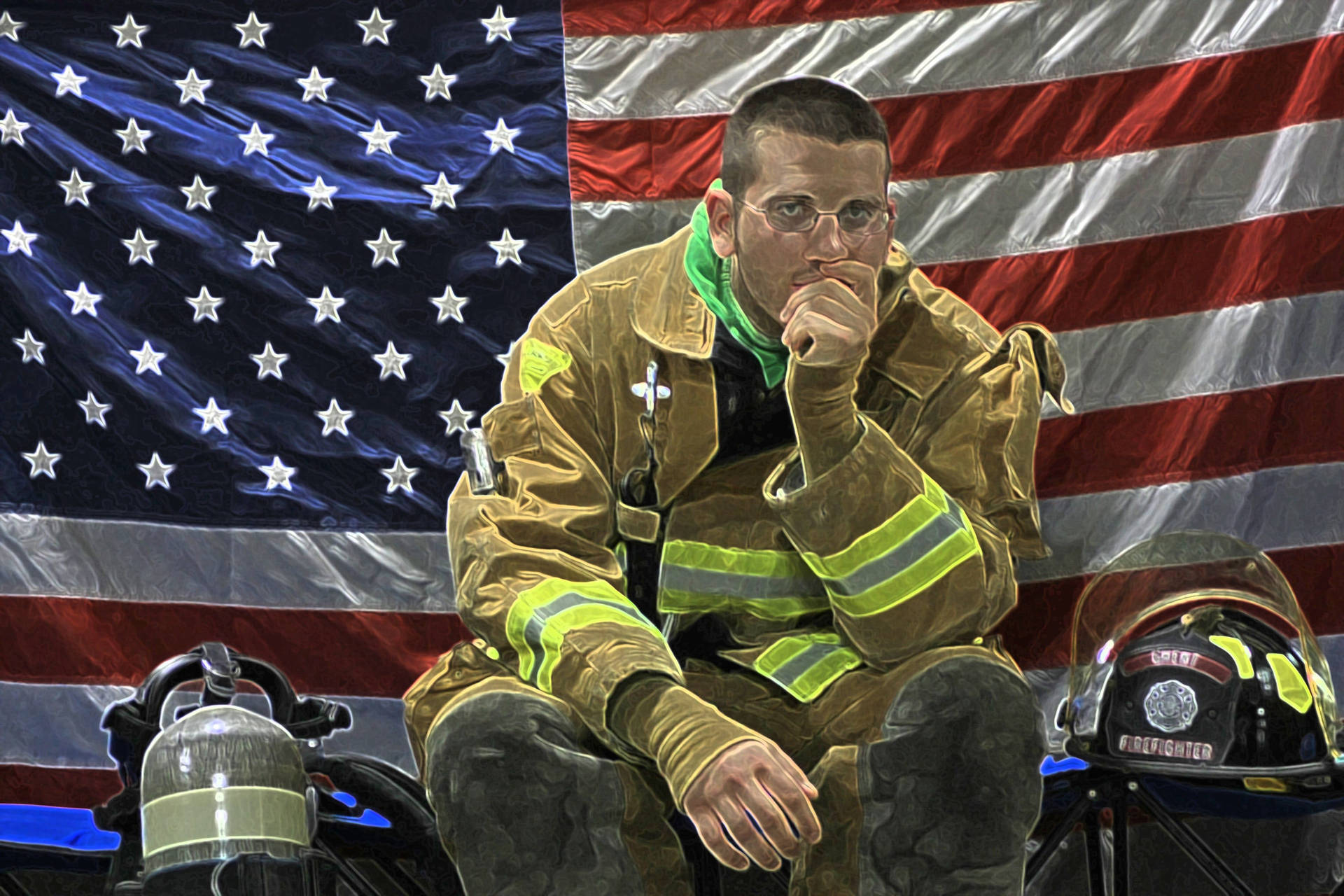 Firefighter And A Usa Flag Wallpaper
