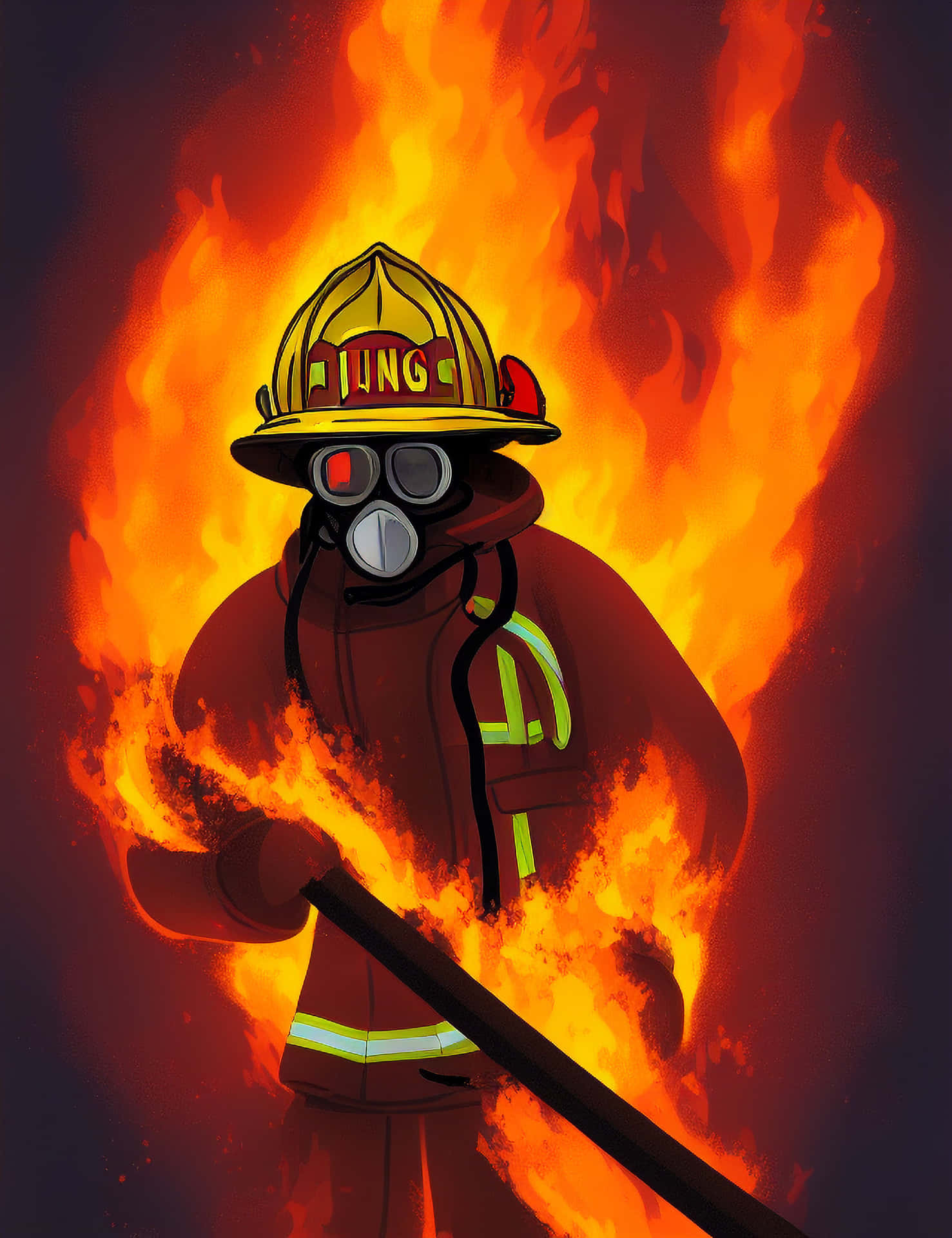 A Firefighter Holding A Hose In Front Of Flames