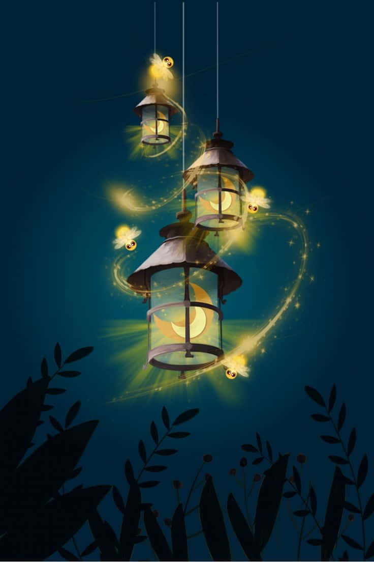 A Set Of Lanterns With Glowing Lights And Butterflies