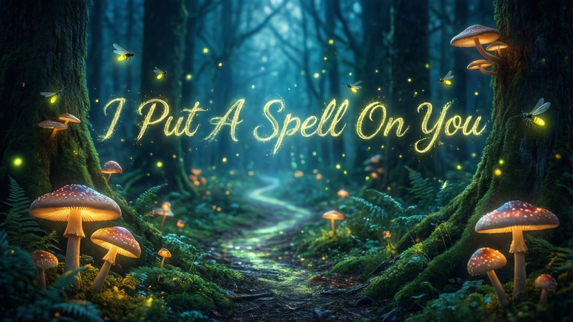 A magical forest where the spell quote is written in fireflies.