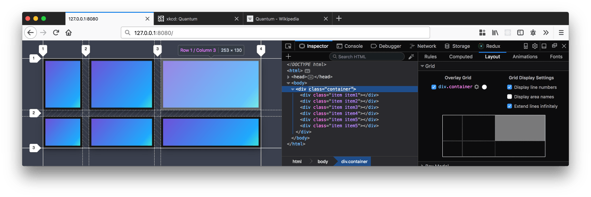 Firefox Developer Tools Grid Layout Inspector PNG — A laptop screen displays a web developer's browser with a grid layout inspector active over a blue gradient background.