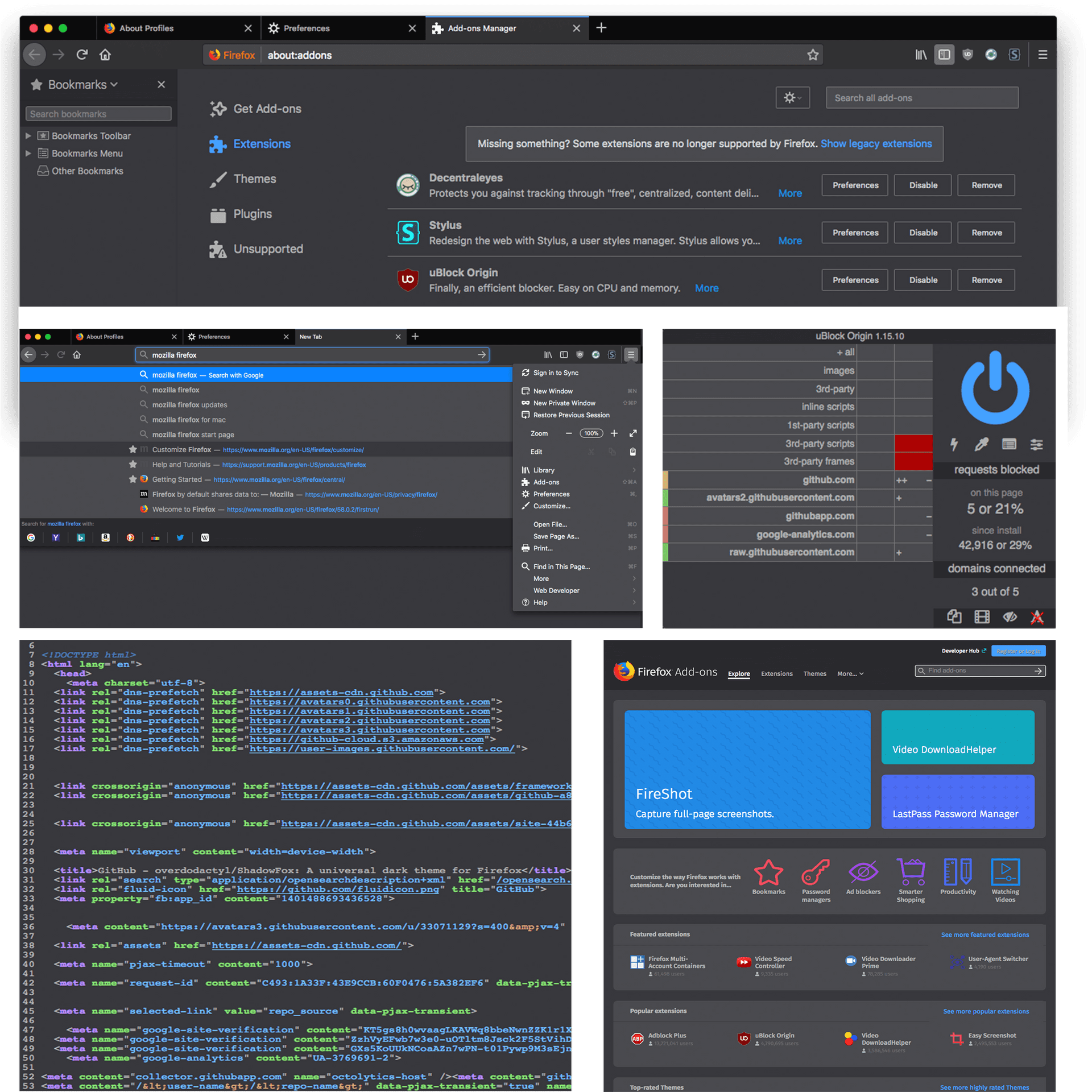 Firefox Multiple Windows Developer Tools PNG — Dark-themed Firefox browser interface showing add-ons manager with uBlock Origin and Stylus active alongside code editor and GitHub page preview.