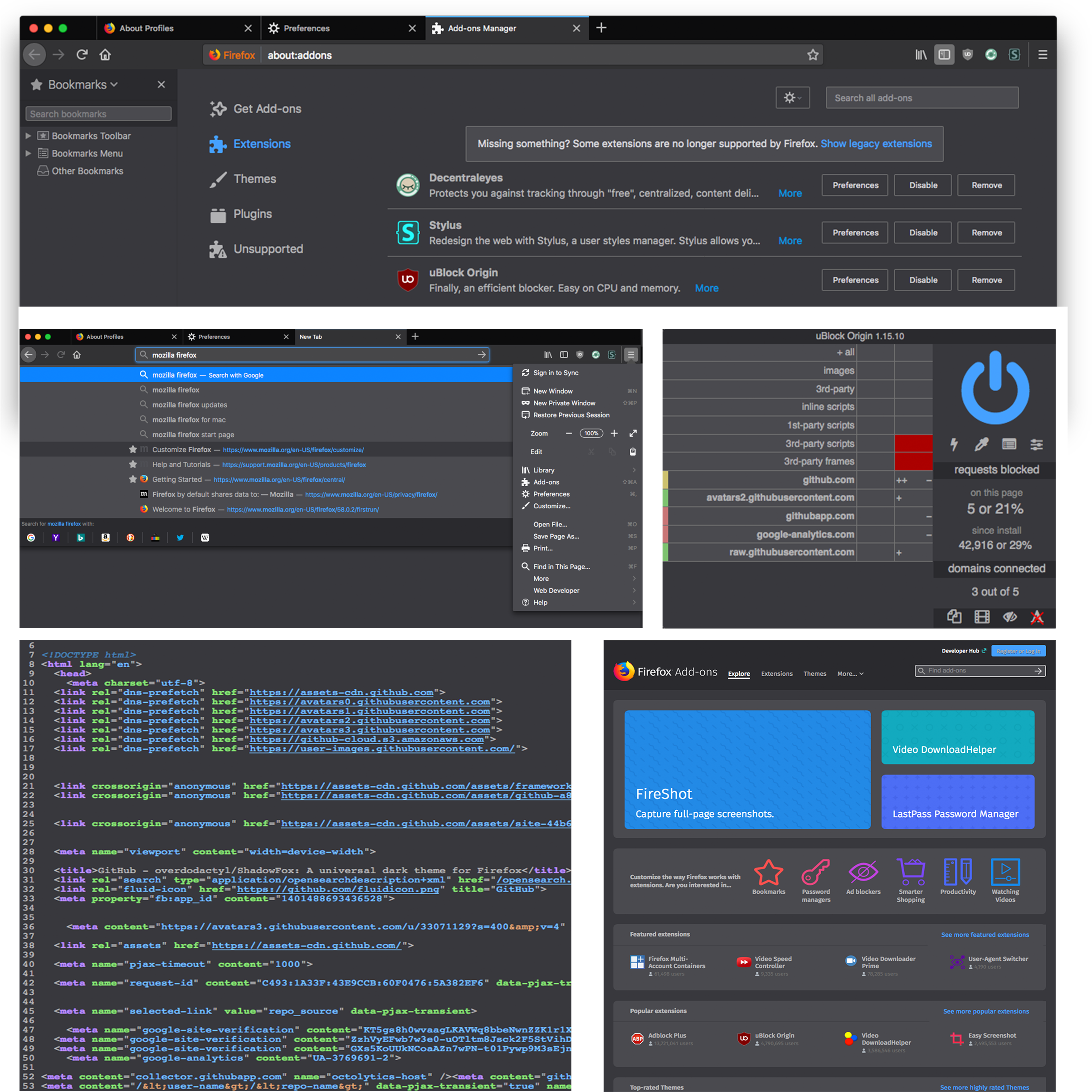 Firefox Multiple Windows Developer Tools PNG — Dark-themed Firefox browser interface showcasing add-ons themes and developer tools with code snippets and extension management panels.
