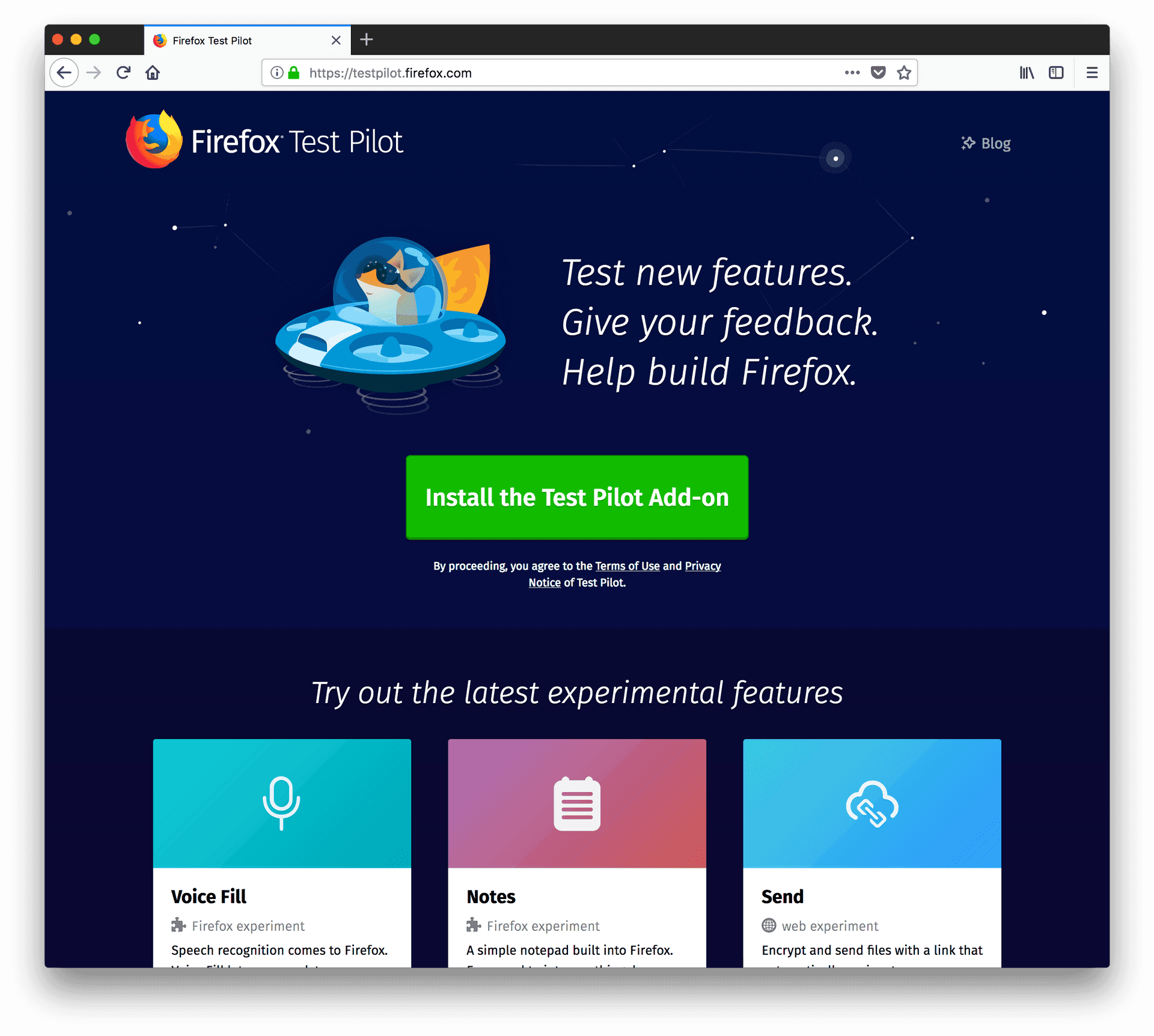 Firefox Test Pilot Program Screen PNG