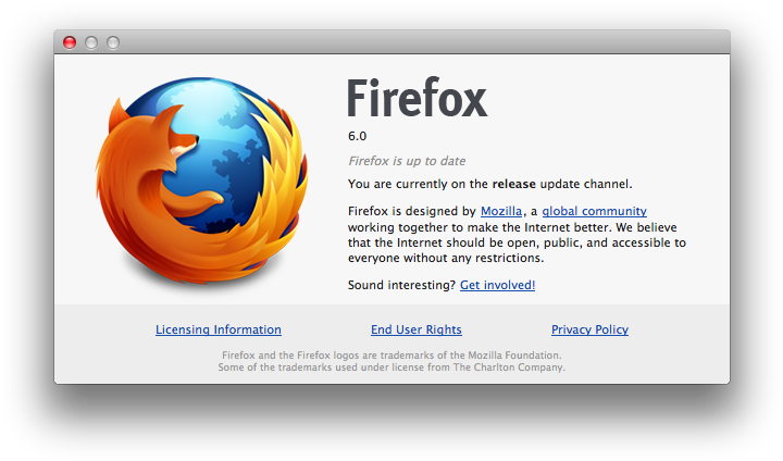 Firefox6 Update Screen PNG — Firefox 6.0 browser window displaying update notification with orange fox logo against blue globe on light gray background.