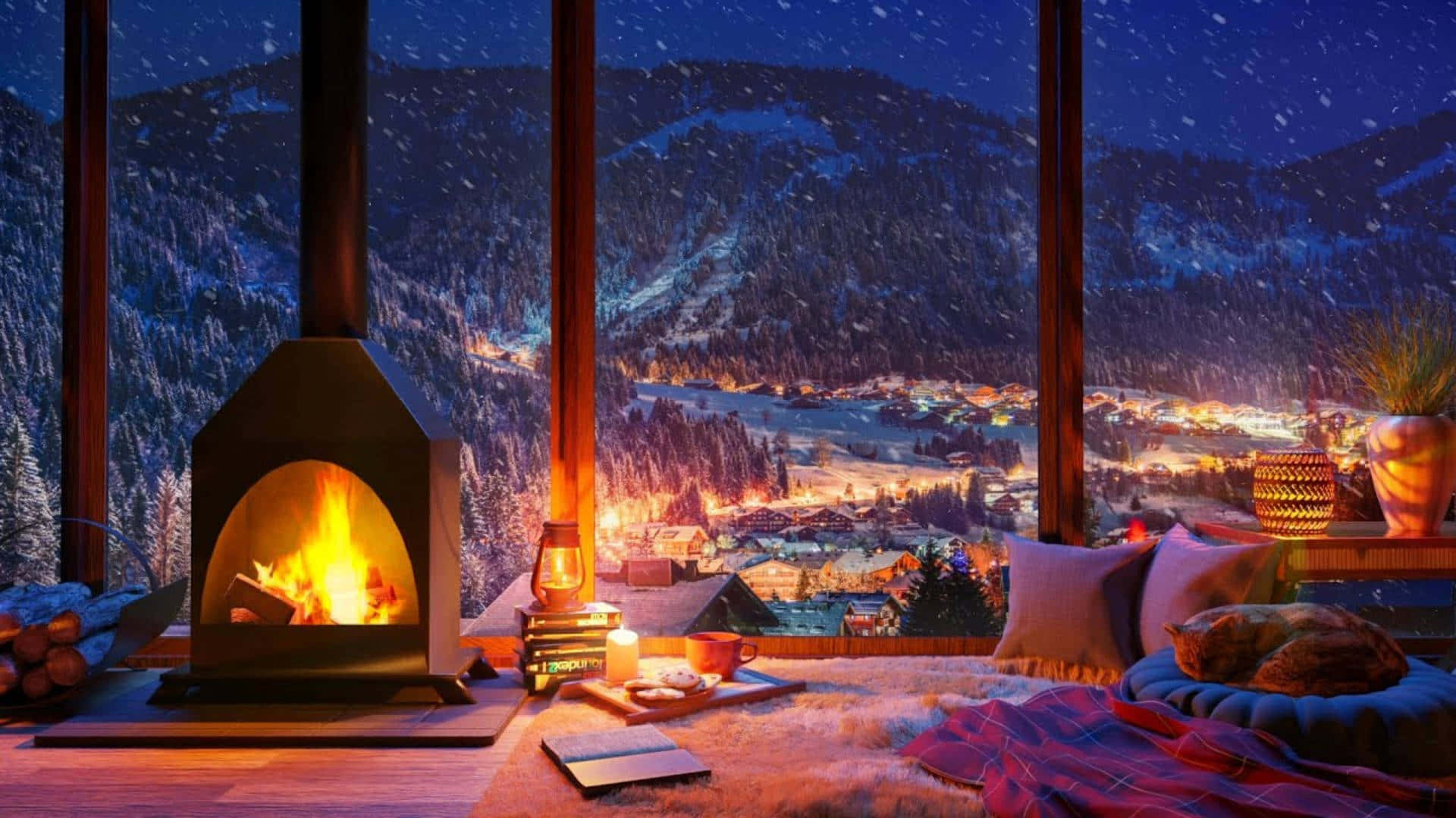 A Fireplace In A Room With A View Of The Mountains