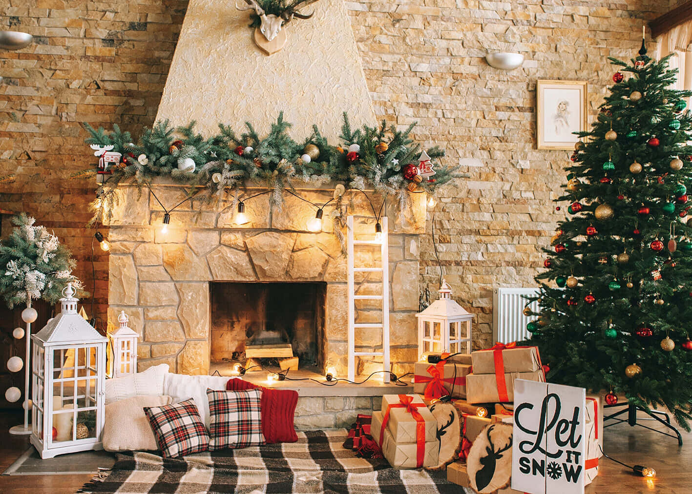 A Christmas Tree And Presents In Front Of A Fireplace
