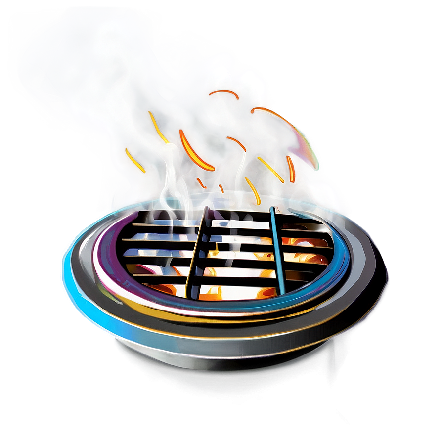 Fireplace Vent PNG 13 PNG — A glowing futuristic air vent emits swirling steam and neon-orange streaks against a soft gray background.
