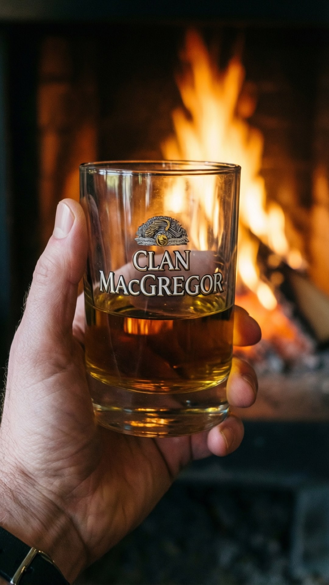 Hand som håller Clan Macgregor Scotch vid en eld.