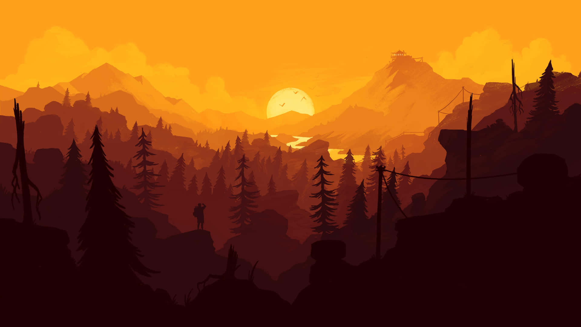 A Silhouette Of A Mountain With Trees And Sunset