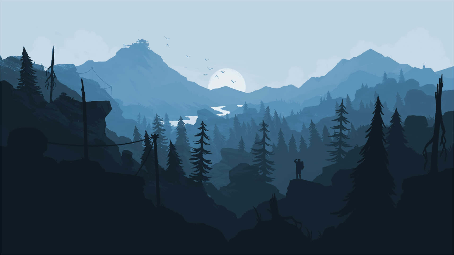 A Silhouette Of A Mountain With Trees And Mountains