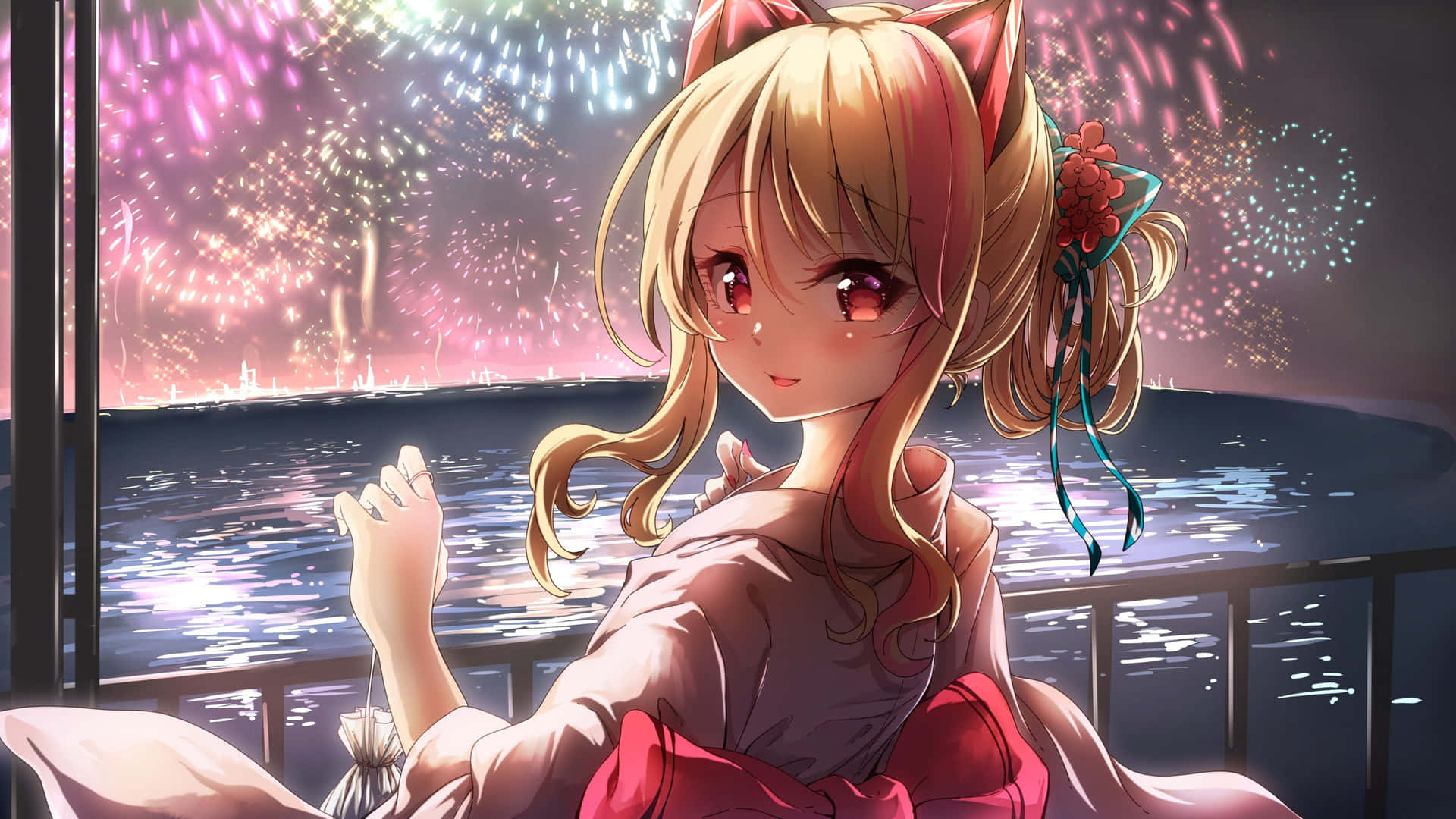 Fireworks Admiring Anime Girl Wallpaper