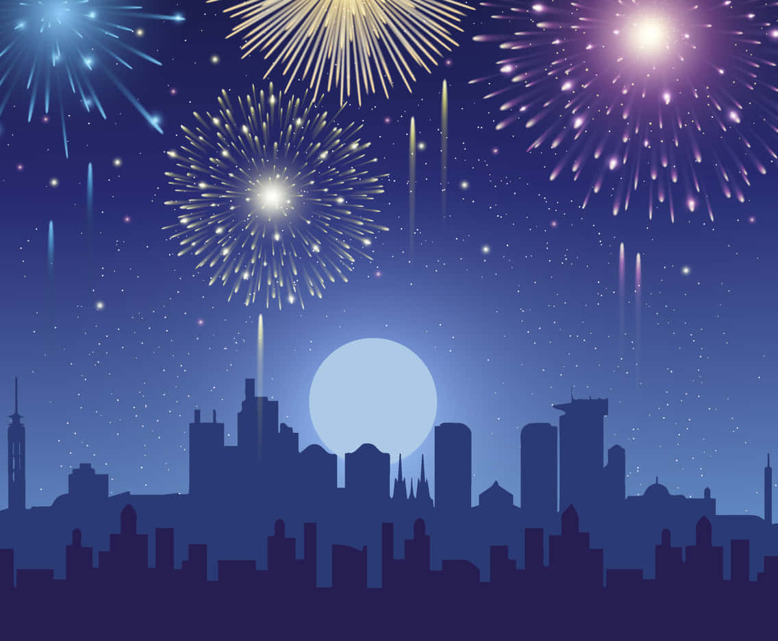 Silhouette Of City With Fireworks Background