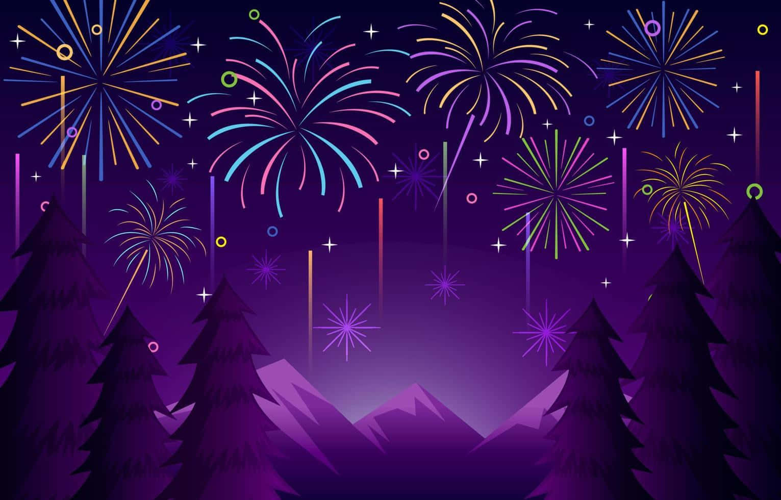 Purple Mountains And Trees Fireworks Background