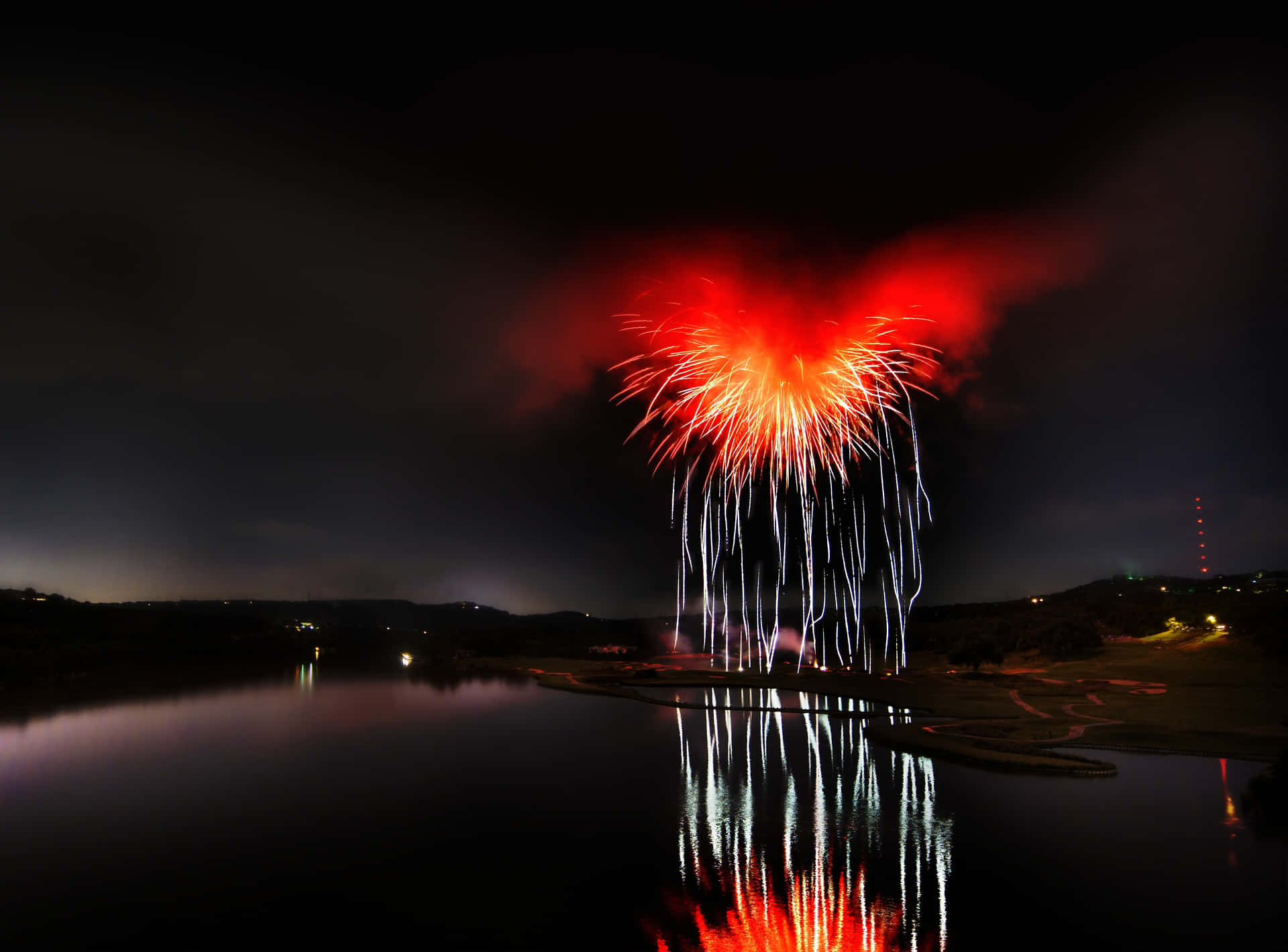 Red Fireworks Reflection Picture