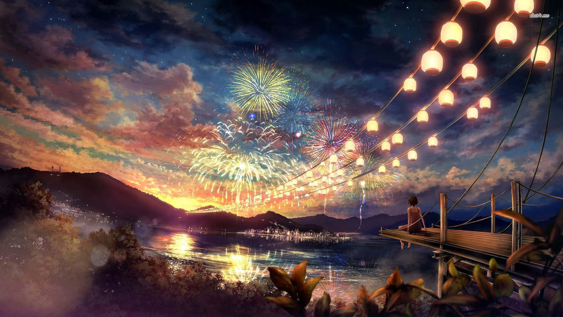Animated Girl Watching Fireworks Display Picture