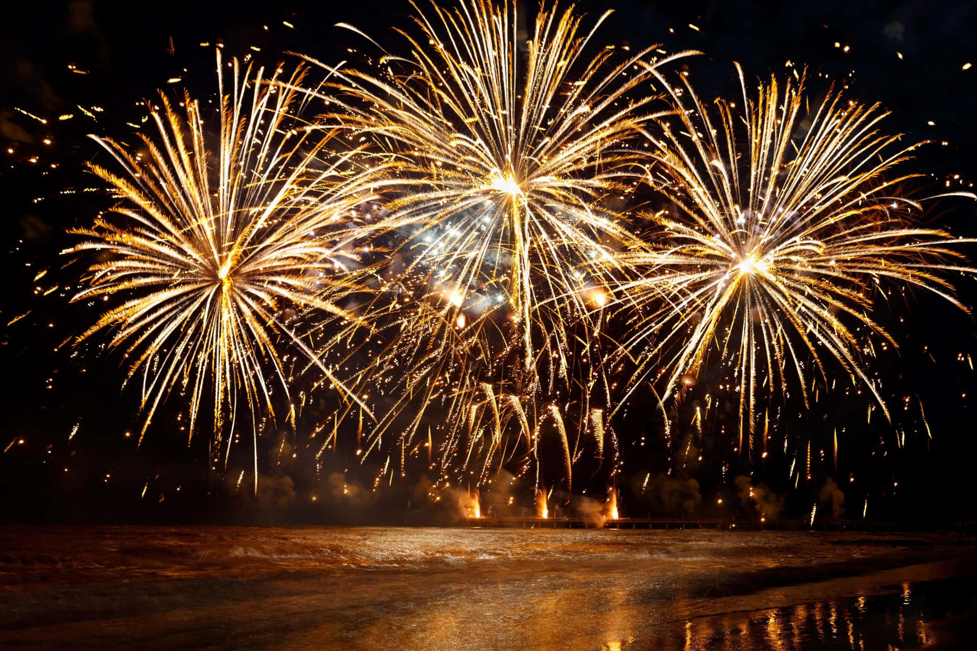 Golden Fireworks Display At Night Picture