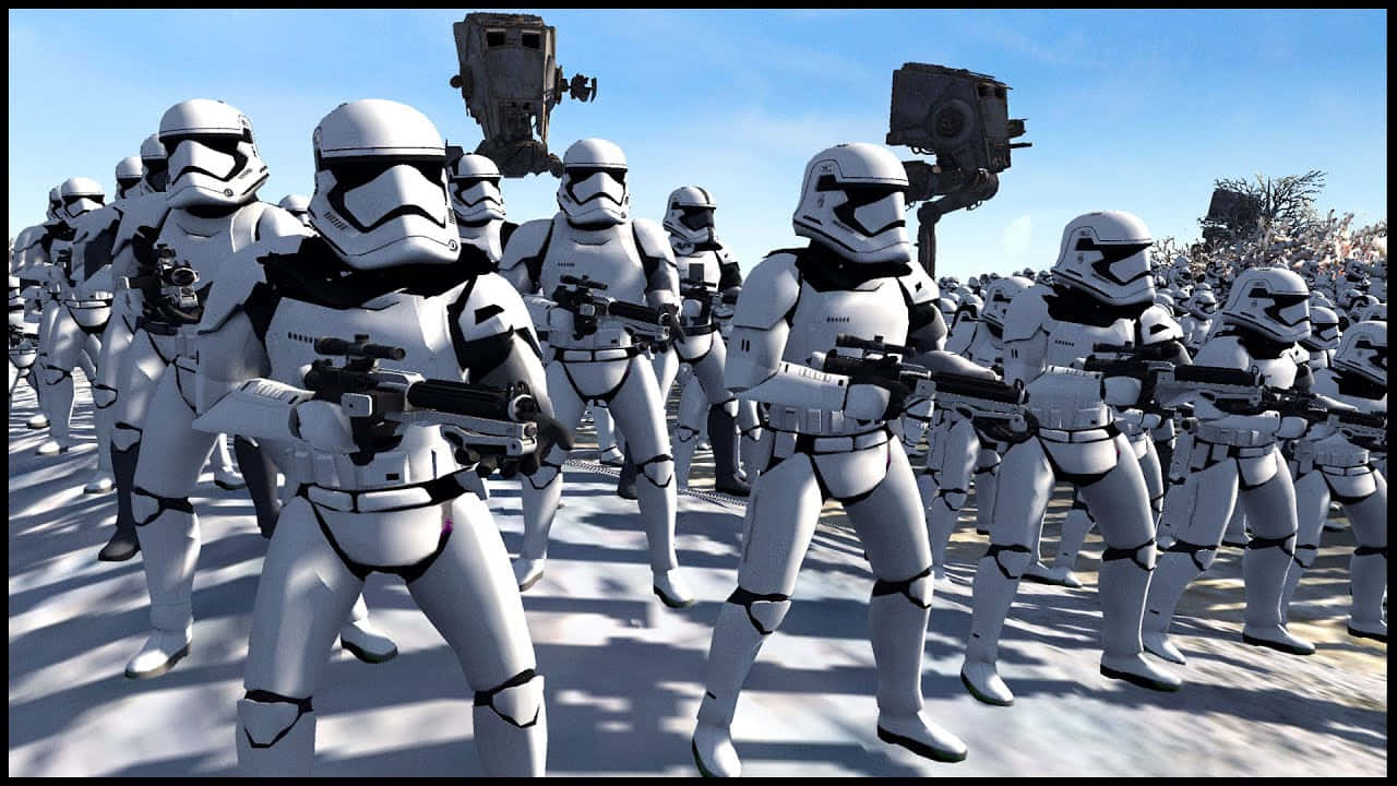 First Order Stormtroopers marching on a battleground. Wallpaper