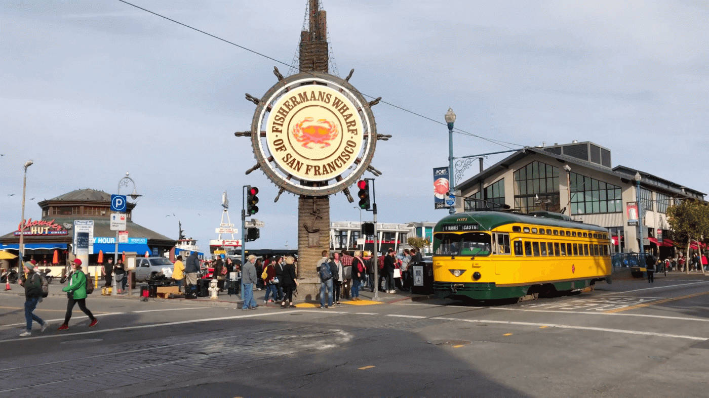 Fishermans Wharf Sign And Yellow Tram Picture