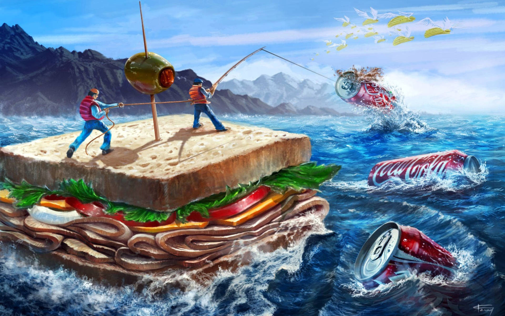 Fishing Coca Cola Products In A Sandwich Boat Wallpaper