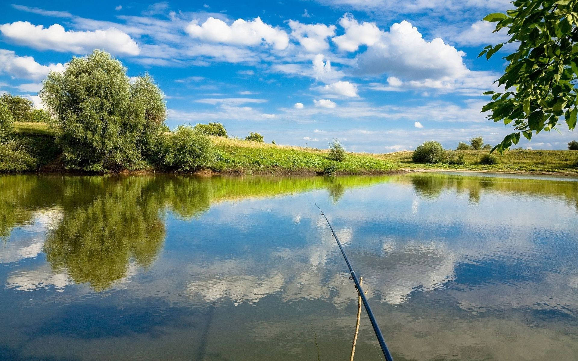Enjoying peace and serenity at a lake with a fishing rod Wallpaper