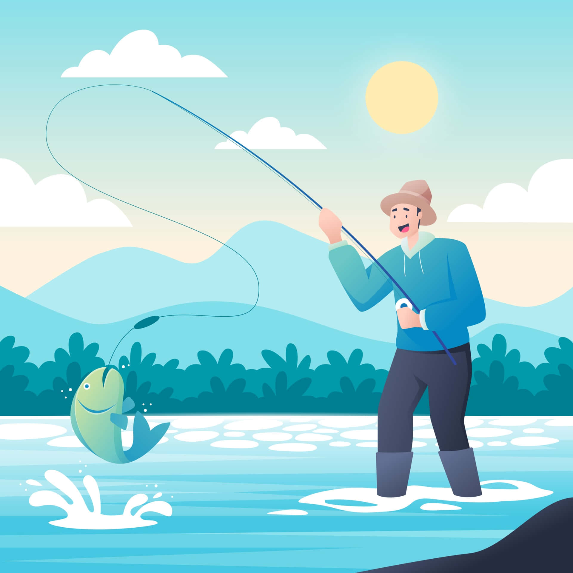 Angler with a Fishing Rod by the Lake Wallpaper