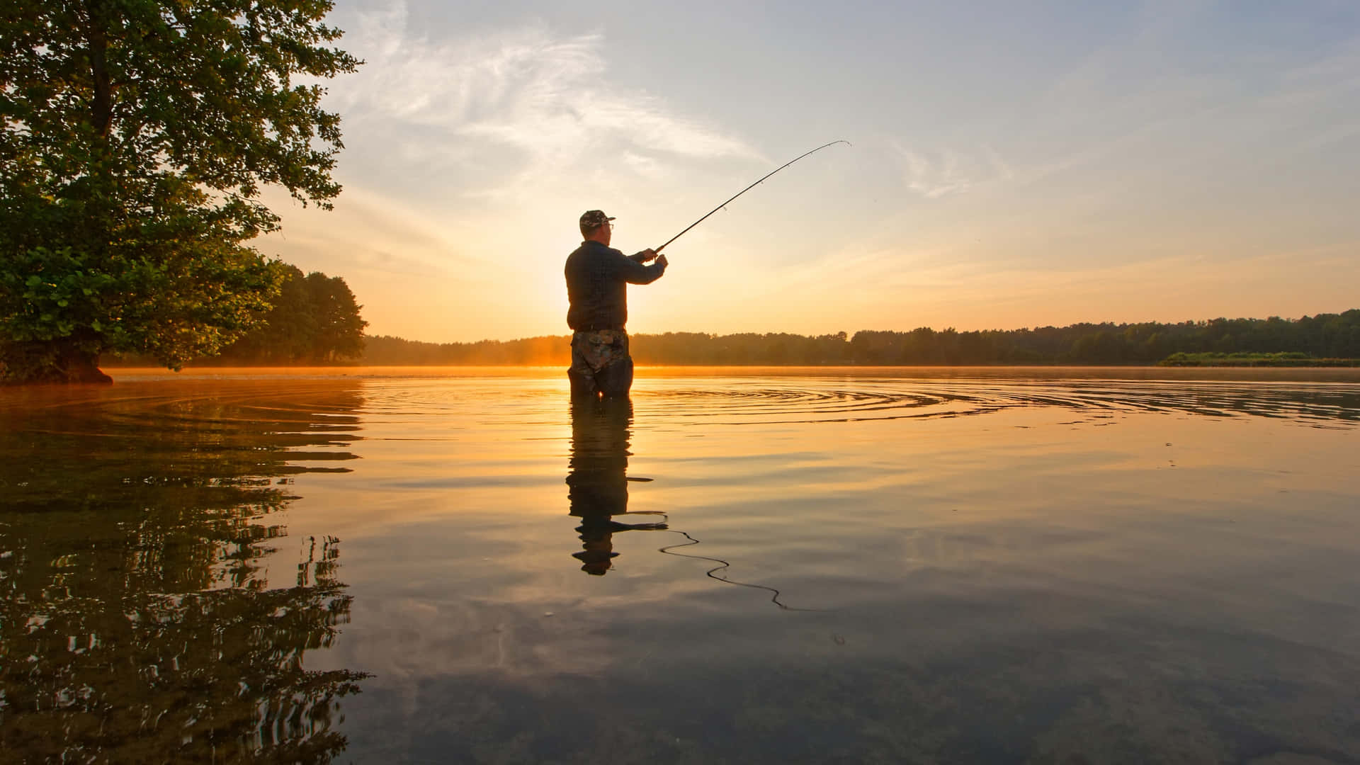 A serene fishing experience with a perfect fishing rod Wallpaper