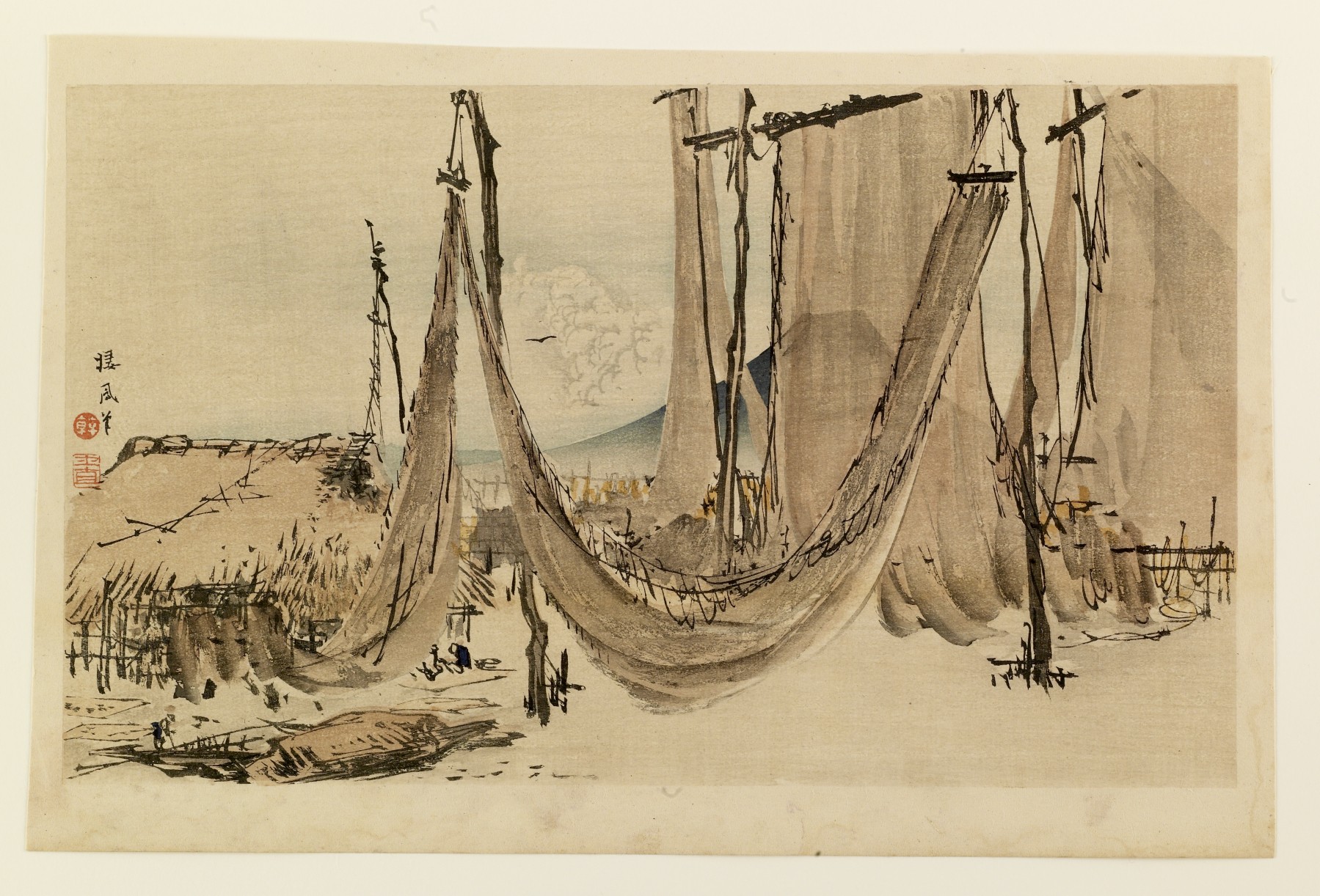 Fishnets drying before Mt. Fuji Wallpaper