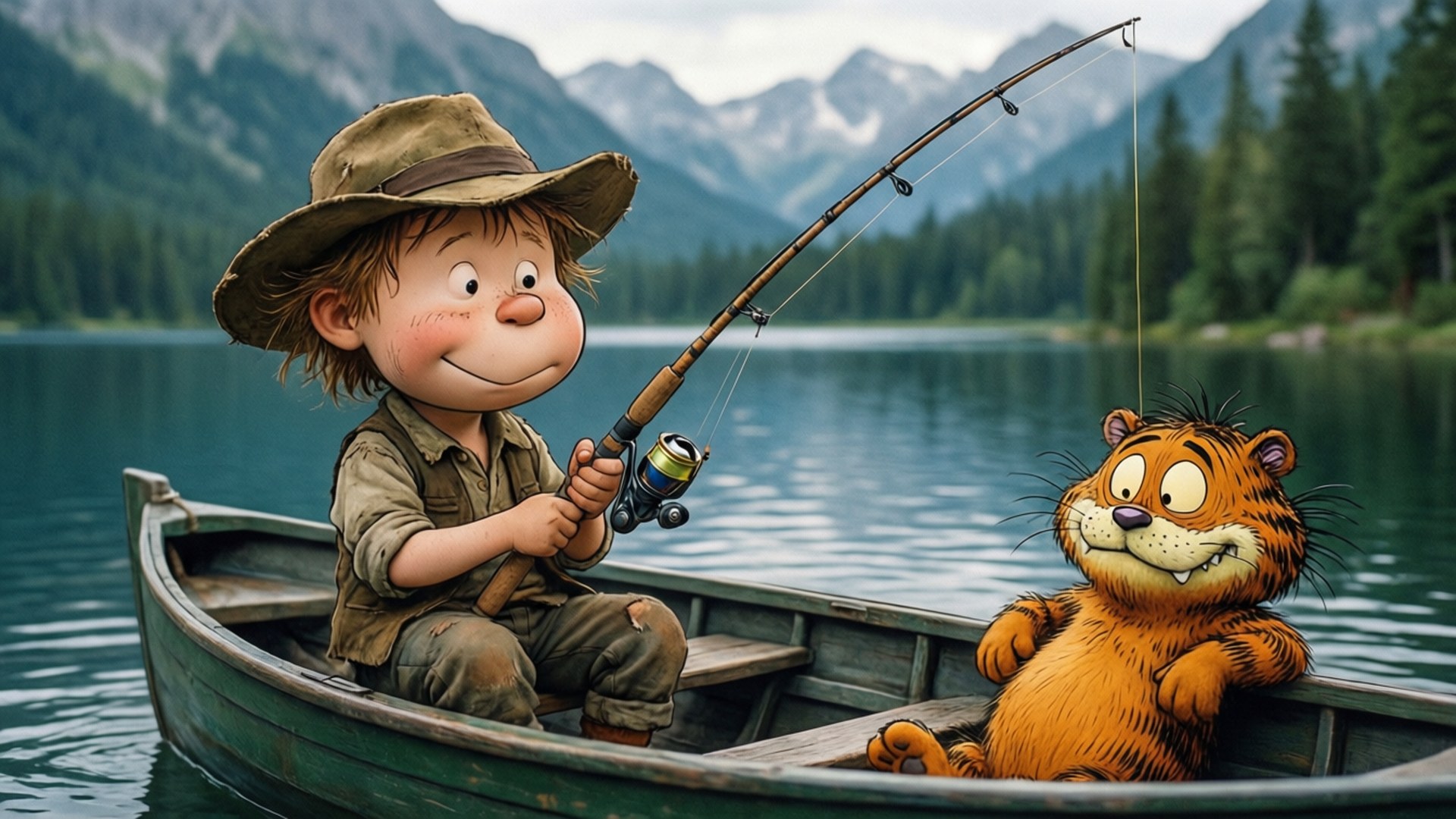 Fishing Trip Wallpaper — A cheerful cartoon boy and a grinning orange cat fish together in a green rowboat on a calm mountain lake.