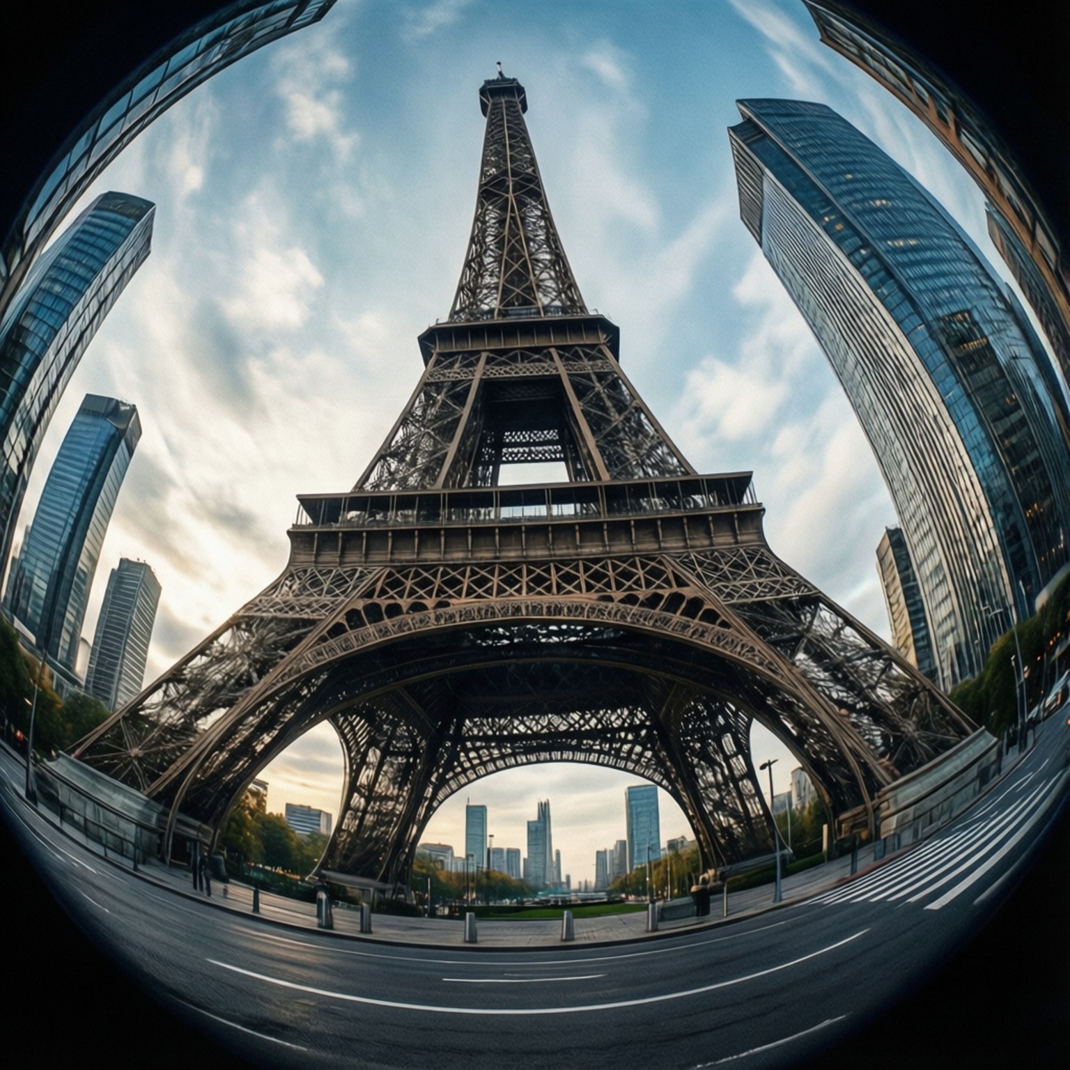 Fisheye Eiffel Wallpaper — Fisheye view of Eiffel Tower framed by modern glass skyscrapers under a cloudy sky.