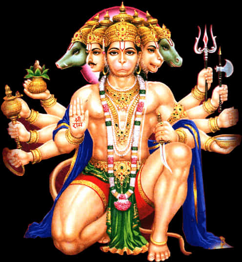 Five Faced Hanuman Deity Art PNG