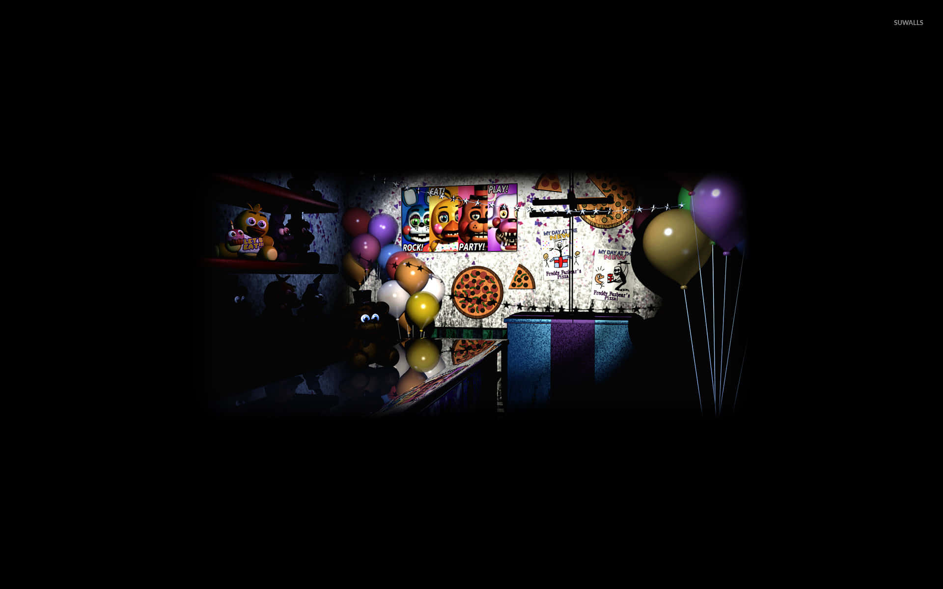 A Dark Room With Balloons And Decorations Wallpaper
