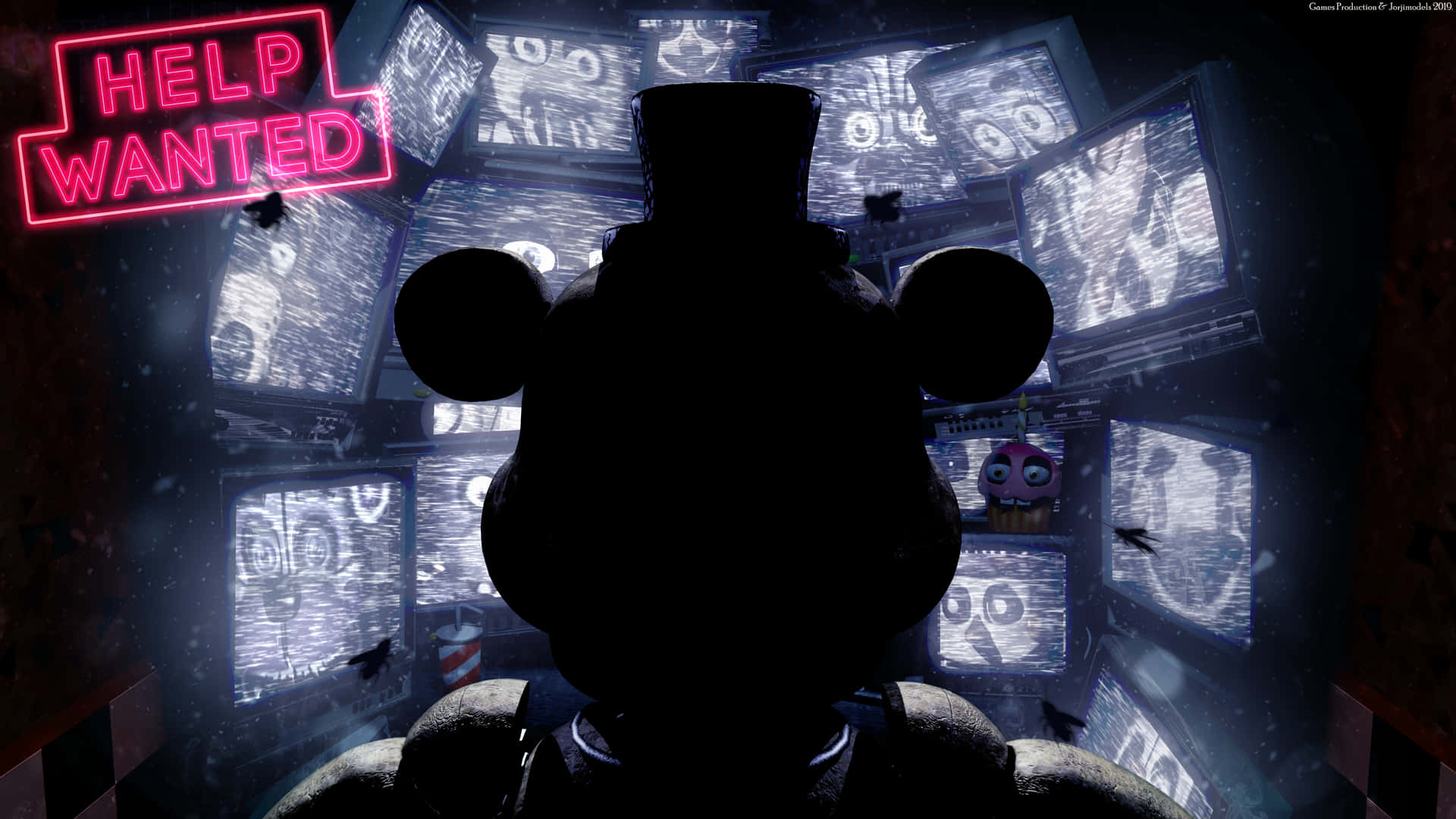 A Silhouette Of A Mouse In A Dark Room With A Sign Saying Help Wanted Wallpaper