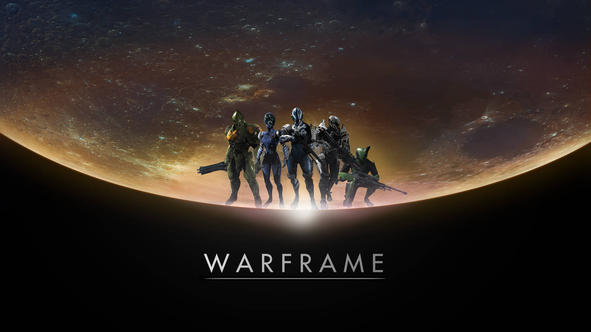 Warframe Tenno ancient soldiers with weapons in the Solar System background wallpaper.  